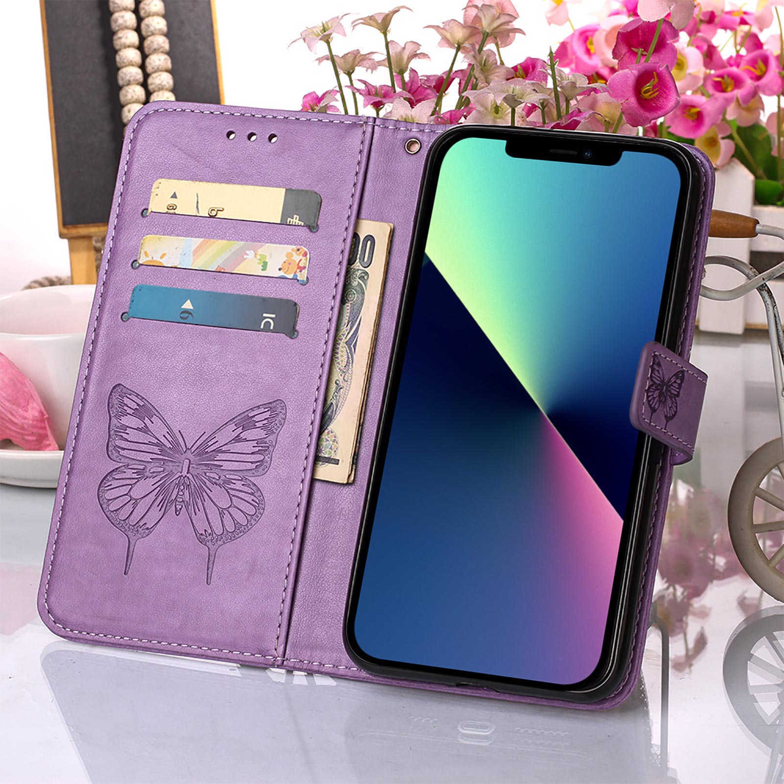 YB Imprinting Series-4 For iPhone 15 Plus Wallet Butterfly Flower Imprinted Cover PU Leather Stand Phone Case with Hand Strap - Purple YB Imprinting Series-4 For iPhone 15 Plus Wallet Butterfly Flower Imprinted Cover PU Leather Stand Phone Case with Hand Strap - Purple